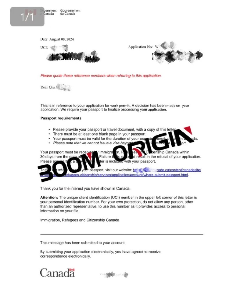 恭喜邱先生加拿大工簽下貼簽信